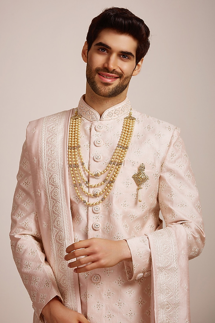 Peach Art Silk Self Textured Wedding Sherwani Set by Manyavar at - Main Image