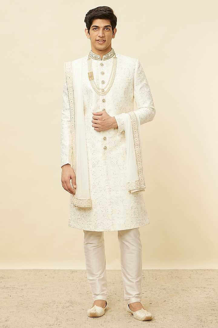 Warm White Art Silk Self-Textured Sherwani Set by Manyavar