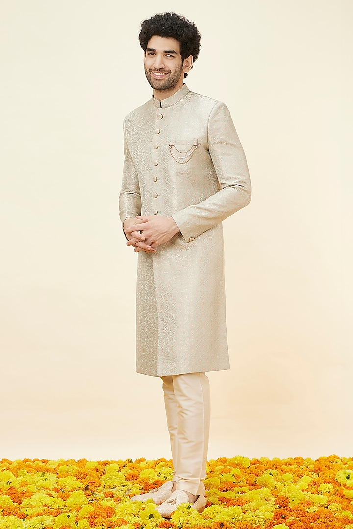 Light Mid Green Brocade Self-Textured Sherwani Set by Manyavar