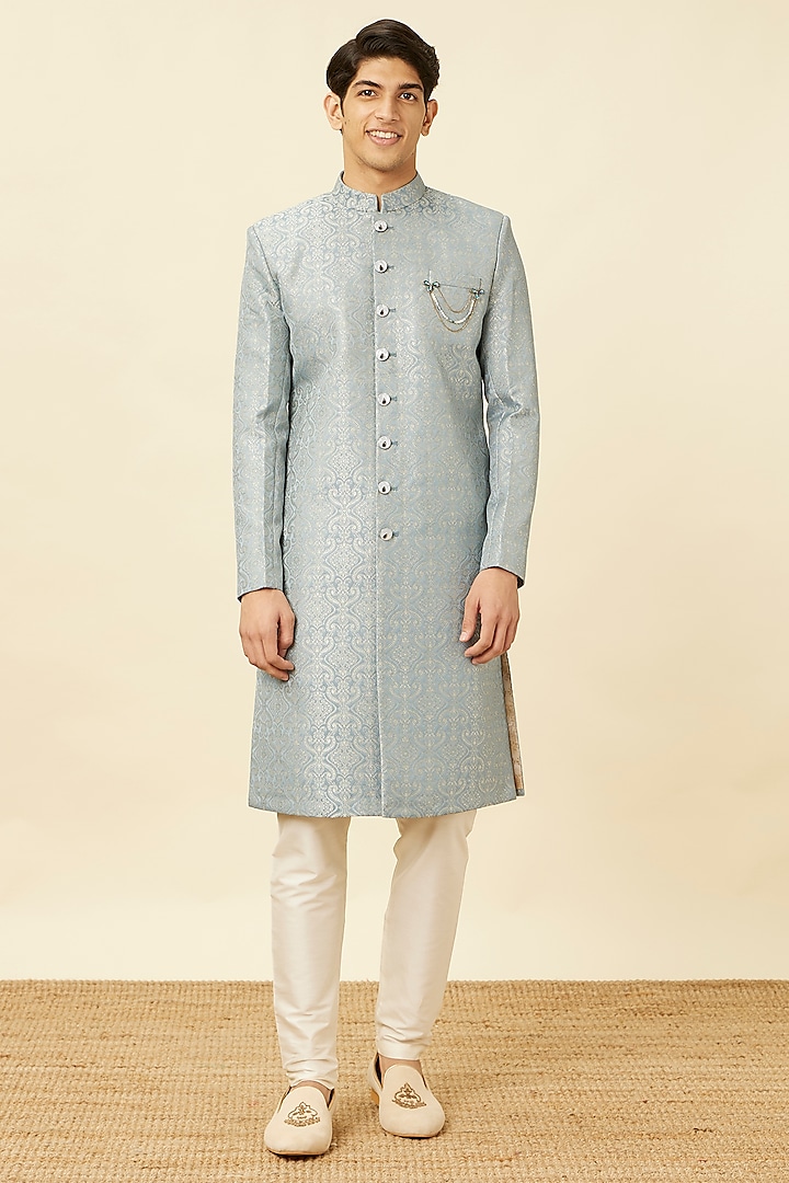 Blue Brocade Self-Textured Sherwani Set by Manyavar