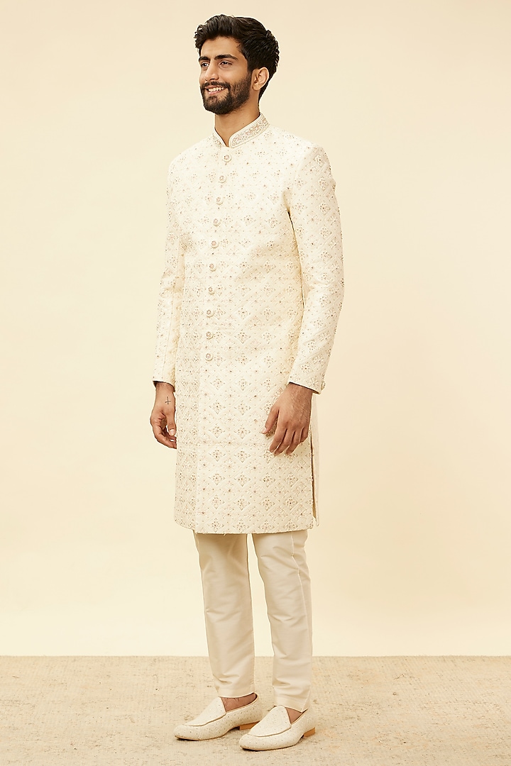 Cream Art Silk Embroidered Wedding Sherwani Set by Manyavar at Pernia's Pop Up Shop