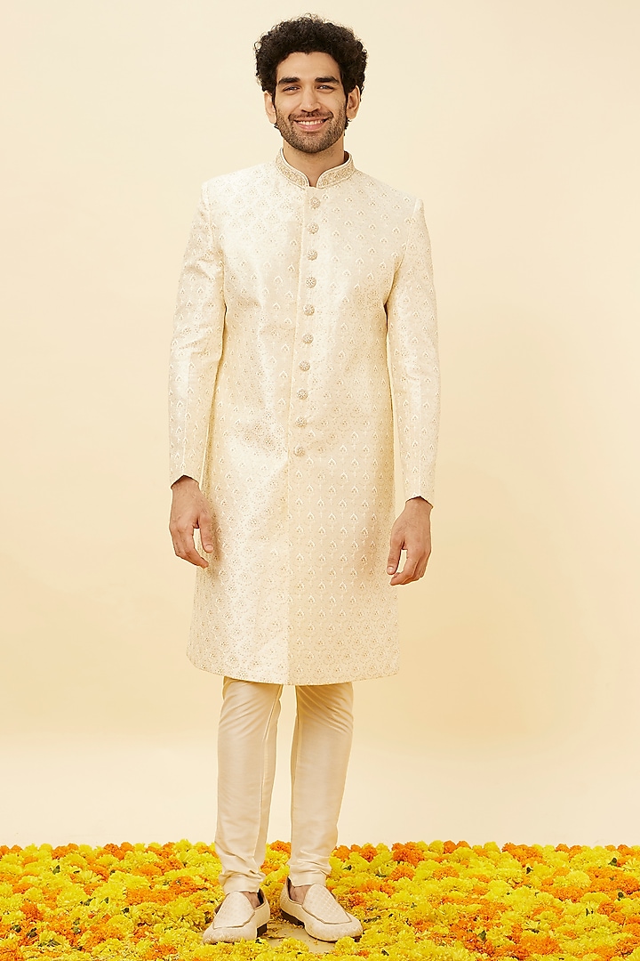 Cream Art Silk Self-Textured Sherwani Set by Manyavar