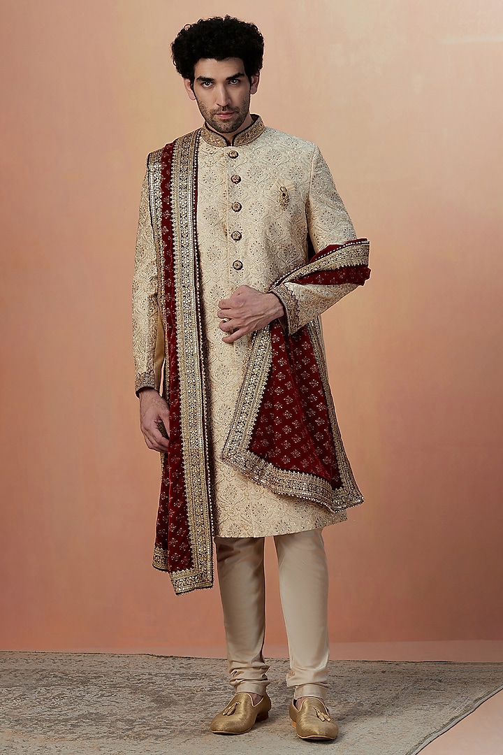 Beige Art Silk Self-Textured Sherwani Set by Manyavar