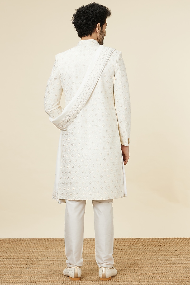 Warm White Georgette Self-Textured Wedding Sherwani Set by Manyavar at Pernia's Pop Up Shop