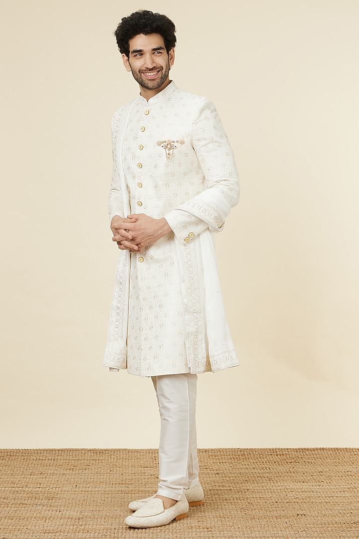 Warm White Georgette Self-Textured Wedding Sherwani Set by Manyavar at Pernia's Pop Up Shop