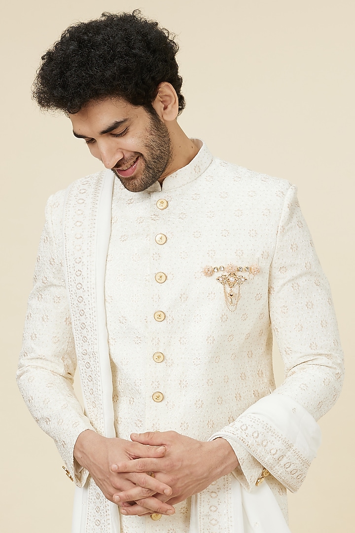 Warm White Georgette Self-Textured Wedding Sherwani Set by Manyavar at Pernia's Pop Up Shop
