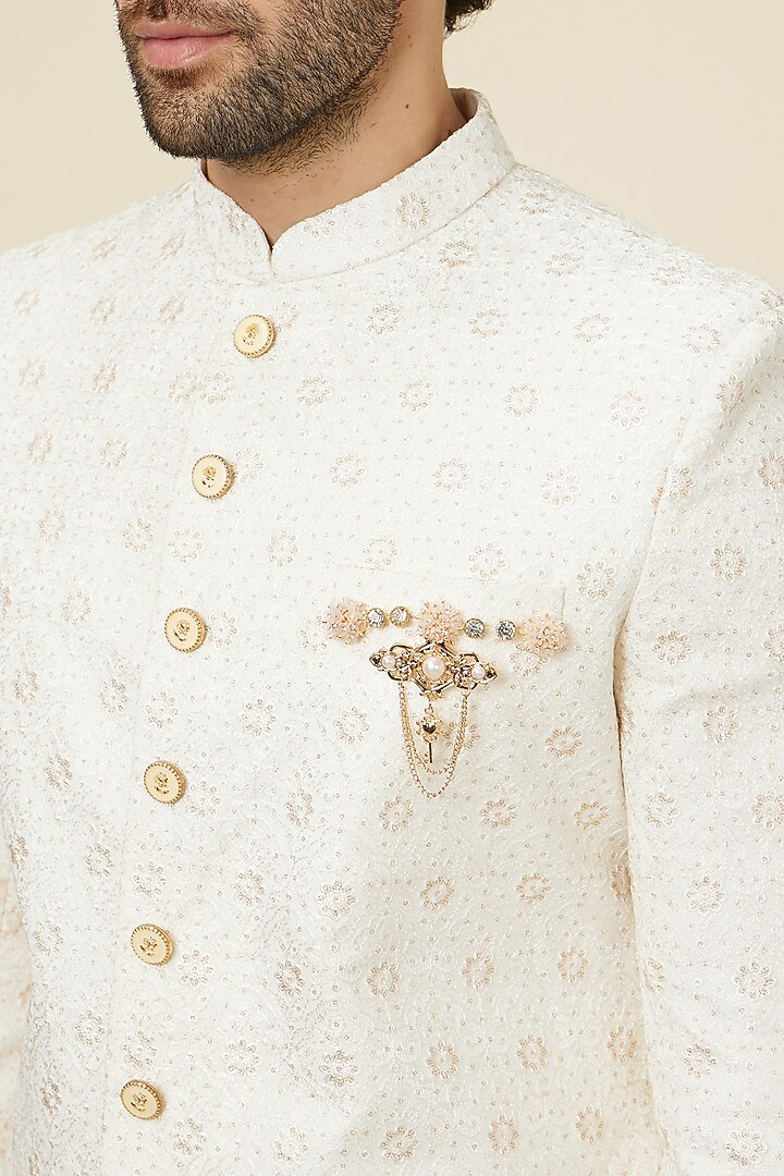 Warm White Georgette Self-Textured Wedding Sherwani Set by Manyavar at Pernia's Pop Up Shop