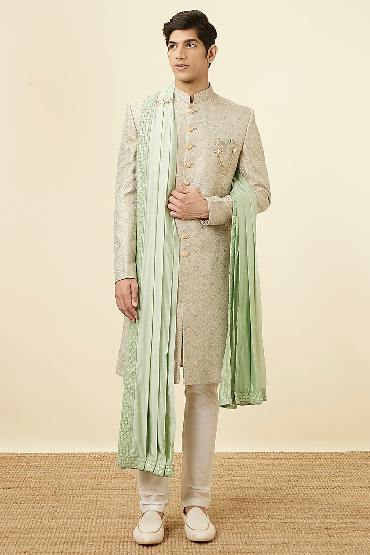 Peach Brocade Self-Textured Sherwani Set by Manyavar at Pernia's Pop Up Shop