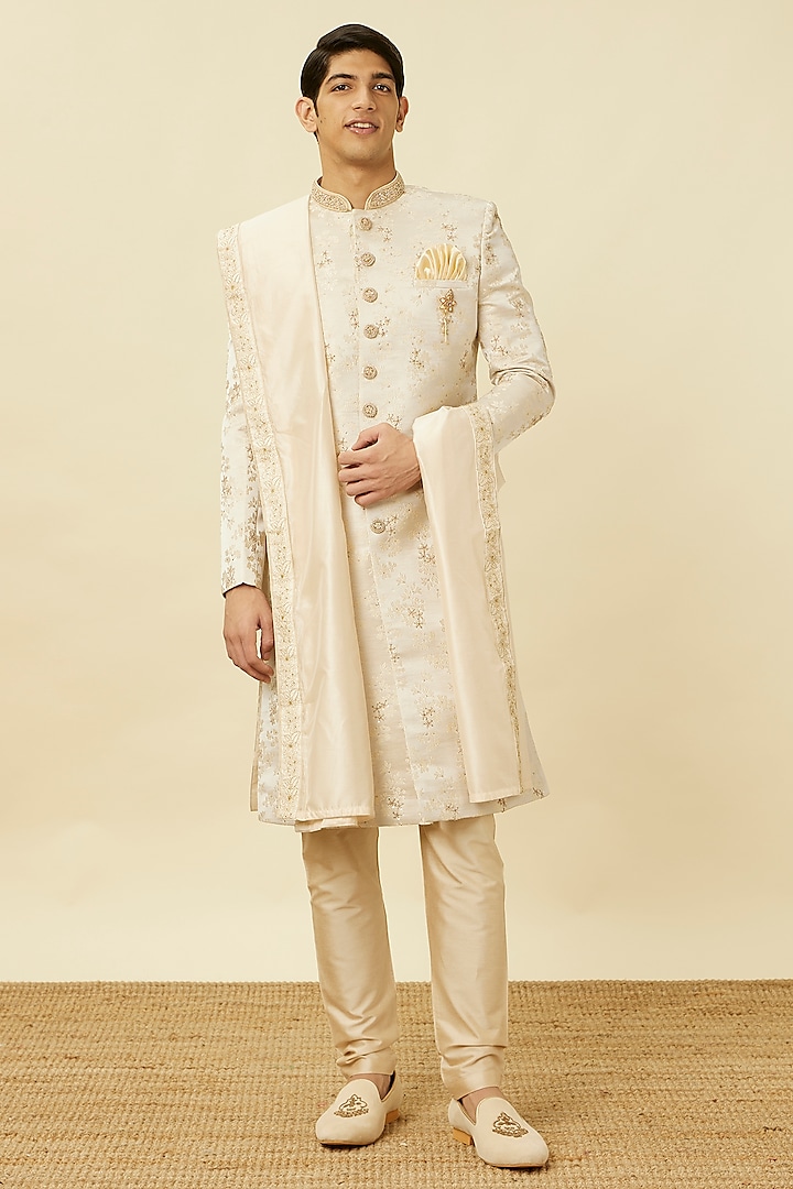 Beige Art Silk Self-Textured Sherwani Set by Manyavar