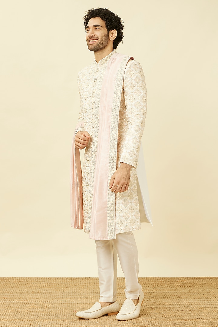 Warm White Art Silk Self-Textured Sherwani Set by Manyavar