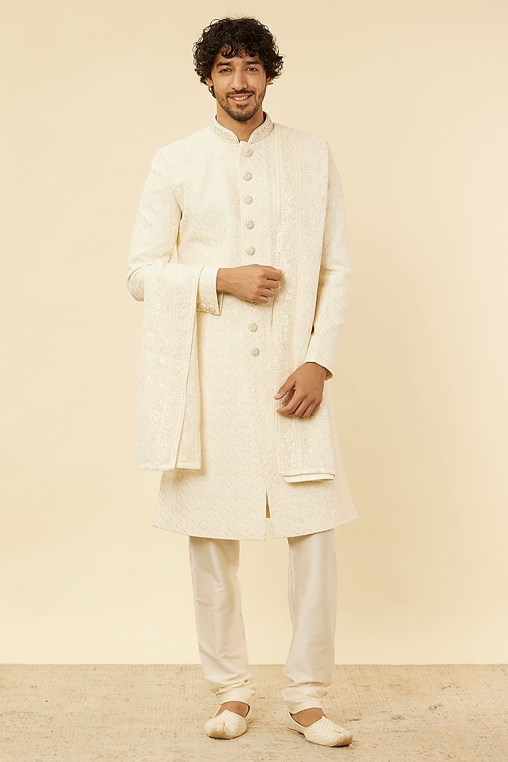 Cream Georgette Embroidered Sherwani Set by Manyavar