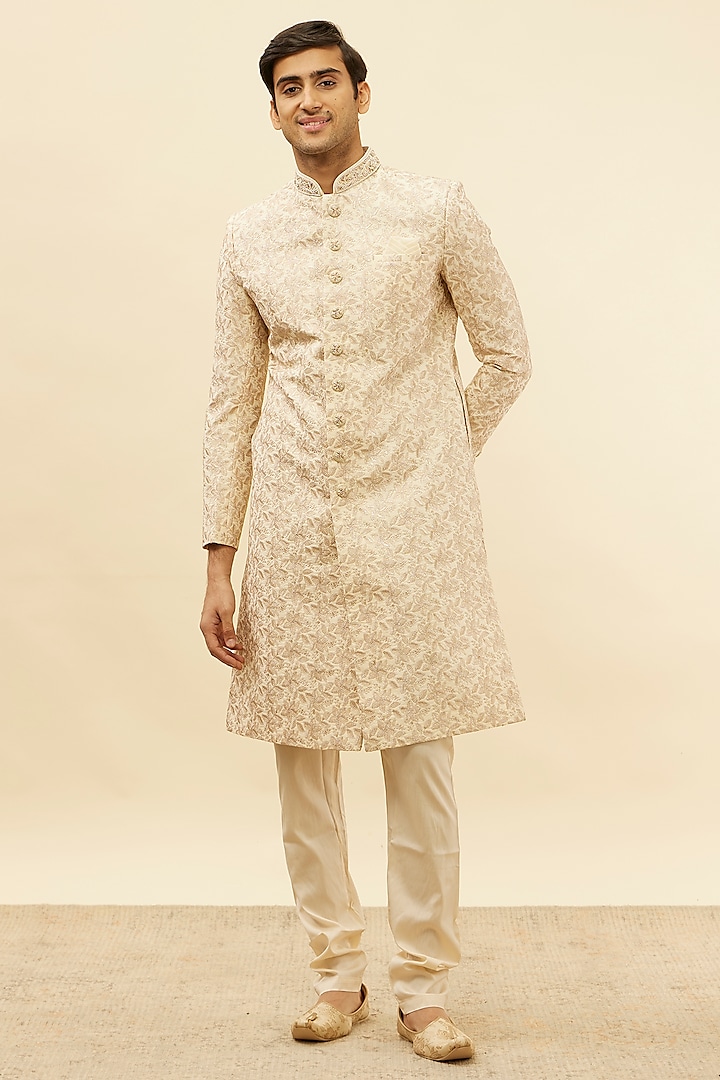 Cream Art Silk Embroidered Sherwani Set by Manyavar