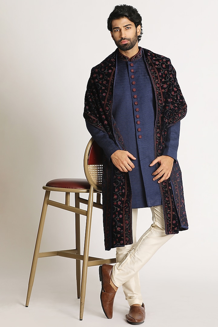 Mid Blue Brocade Textured Indowestern Set by Manyavar at Pernia's Pop Up Shop