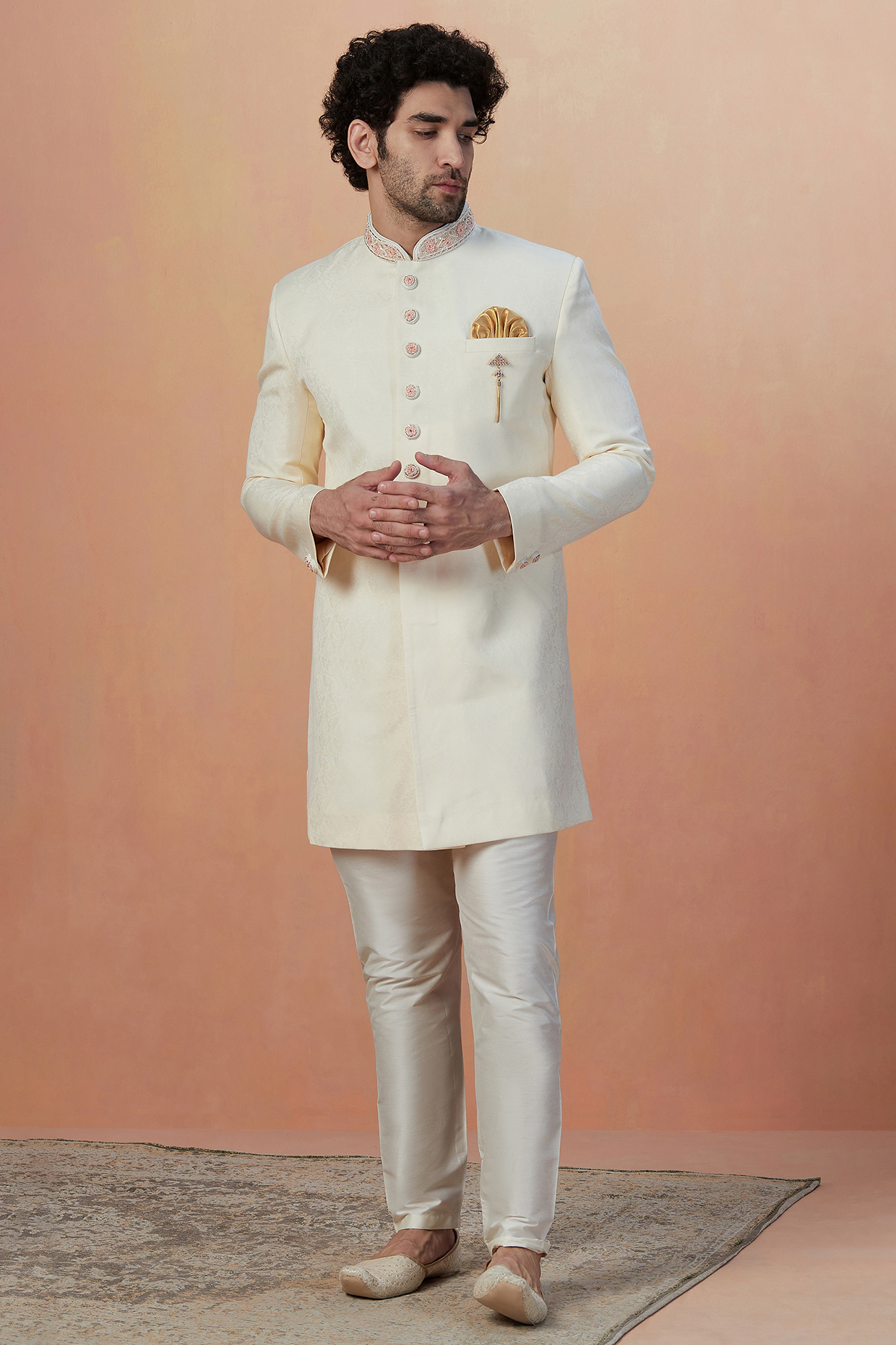 Cream Blended Rayon Textured Indowestern Set by Manyavar at Pernia's Pop Up Shop