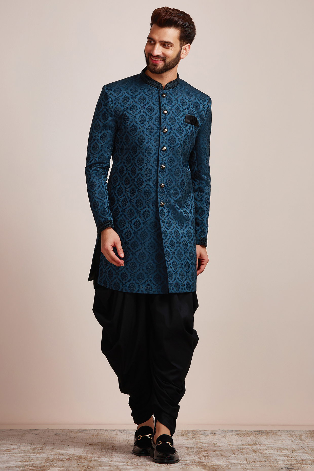 Teal Green Brocade Textured Indowestern Set by Manyavar at Pernia's Pop Up Shop