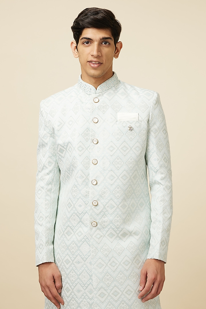 Buy Manyavar Light Blue Brocade Indowestern Set at Pernia