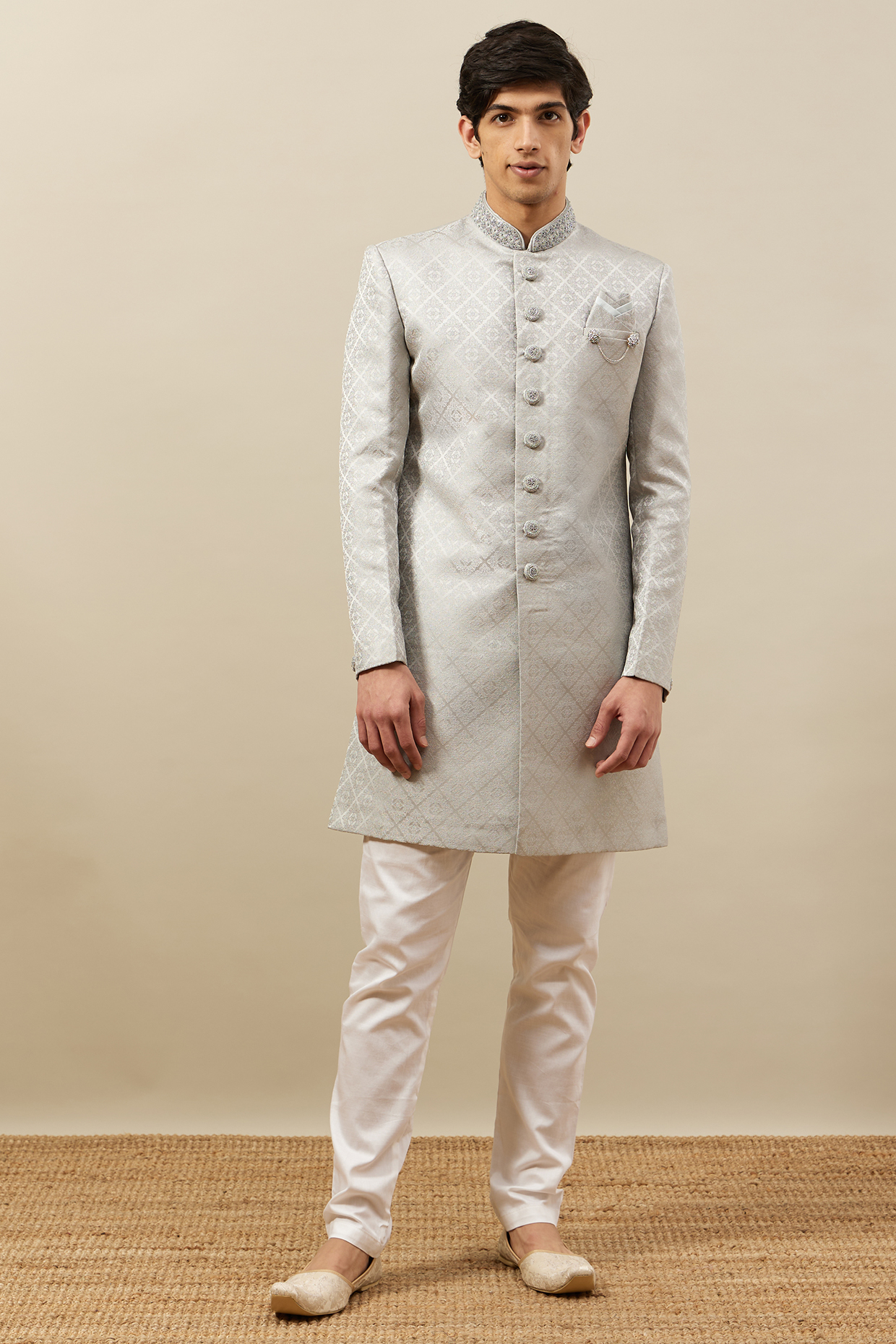 Light Grey Brocade Embroidered Indowestern Set by Manyavar at Pernia's Pop Up Shop