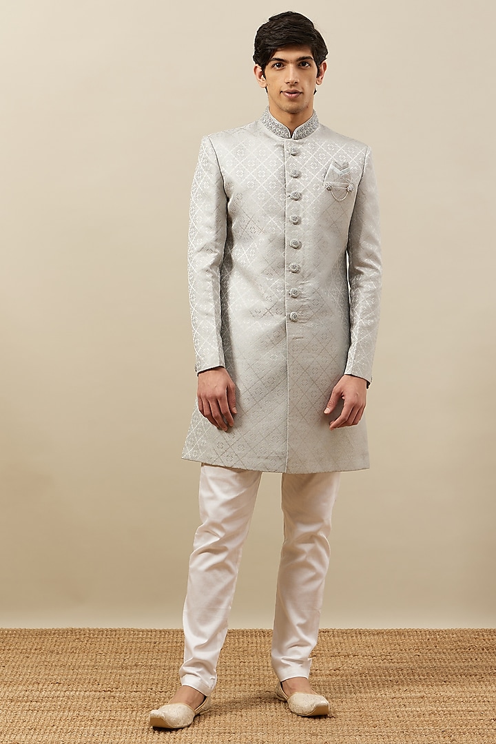 Light Grey Brocade Embroidered Indowestern Set by Manyavar at Pernia's Pop Up Shop
