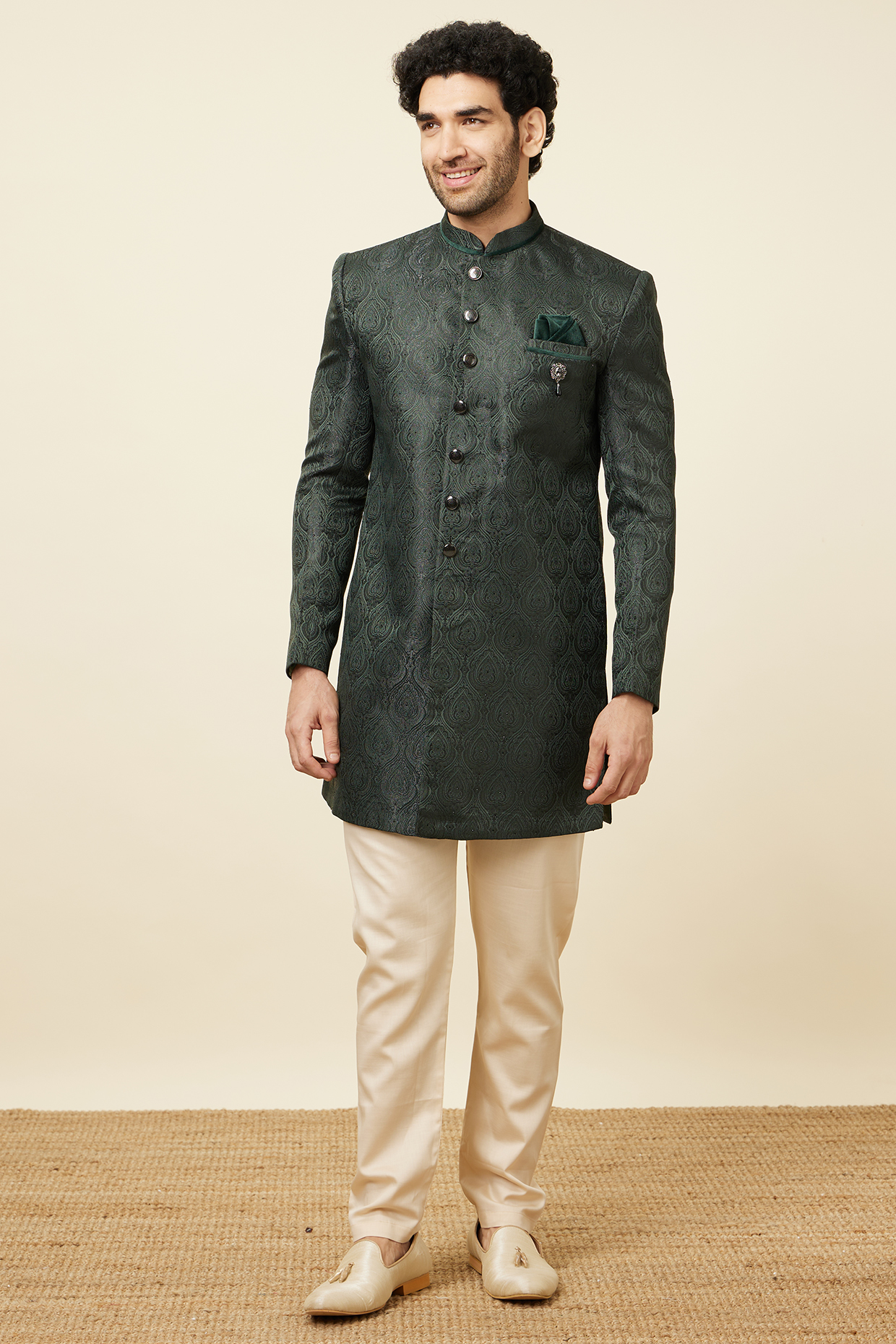 Dark Green Brocade Indowestern Set by Manyavar at Pernia's Pop Up Shop