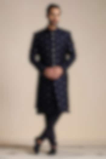 Dark Blue Velvet Embroidered Indowestern Set by Manyavar at Pernia's Pop Up Shop