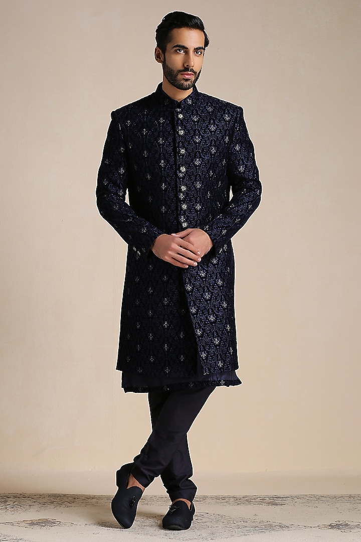 Dark Blue Velvet Embroidered Indowestern Set by Manyavar at Pernia's Pop Up Shop