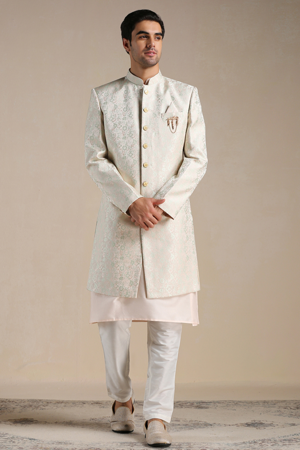 Peach Art Silk Indowestern Set by Manyavar at Pernia's Pop Up Shop