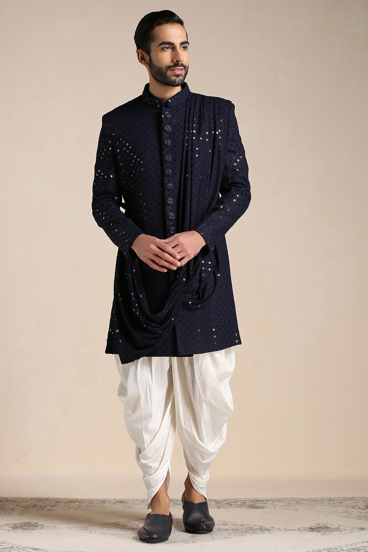 Dark Blue Viscose Embroidered Indowestern Set by Manyavar at Pernia's Pop Up Shop