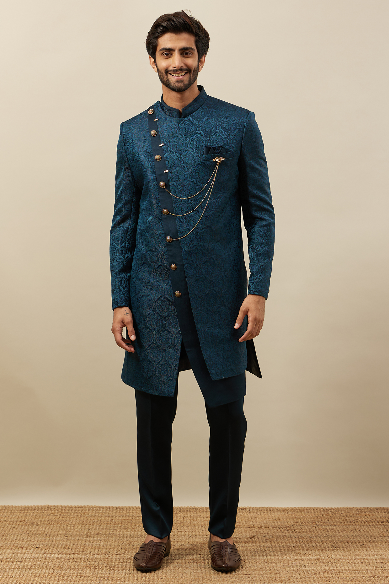 Turquoise Blue Brocade Indowestern Set by Manyavar at Pernia's Pop Up Shop