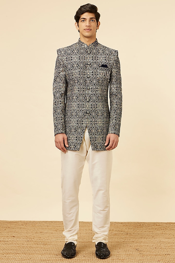 Dark Blue Velvet Indowestern Set by Manyavar at Pernia's Pop Up Shop