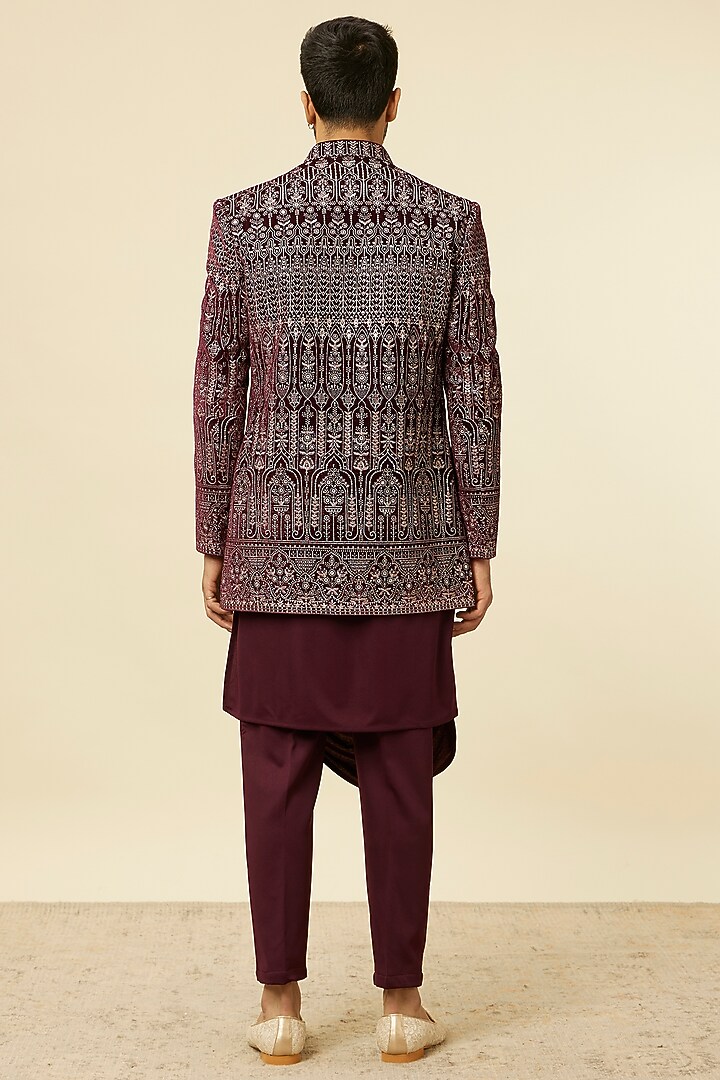 Wine Velvet Thread Embroidered Indowestern Set by Manyavar at