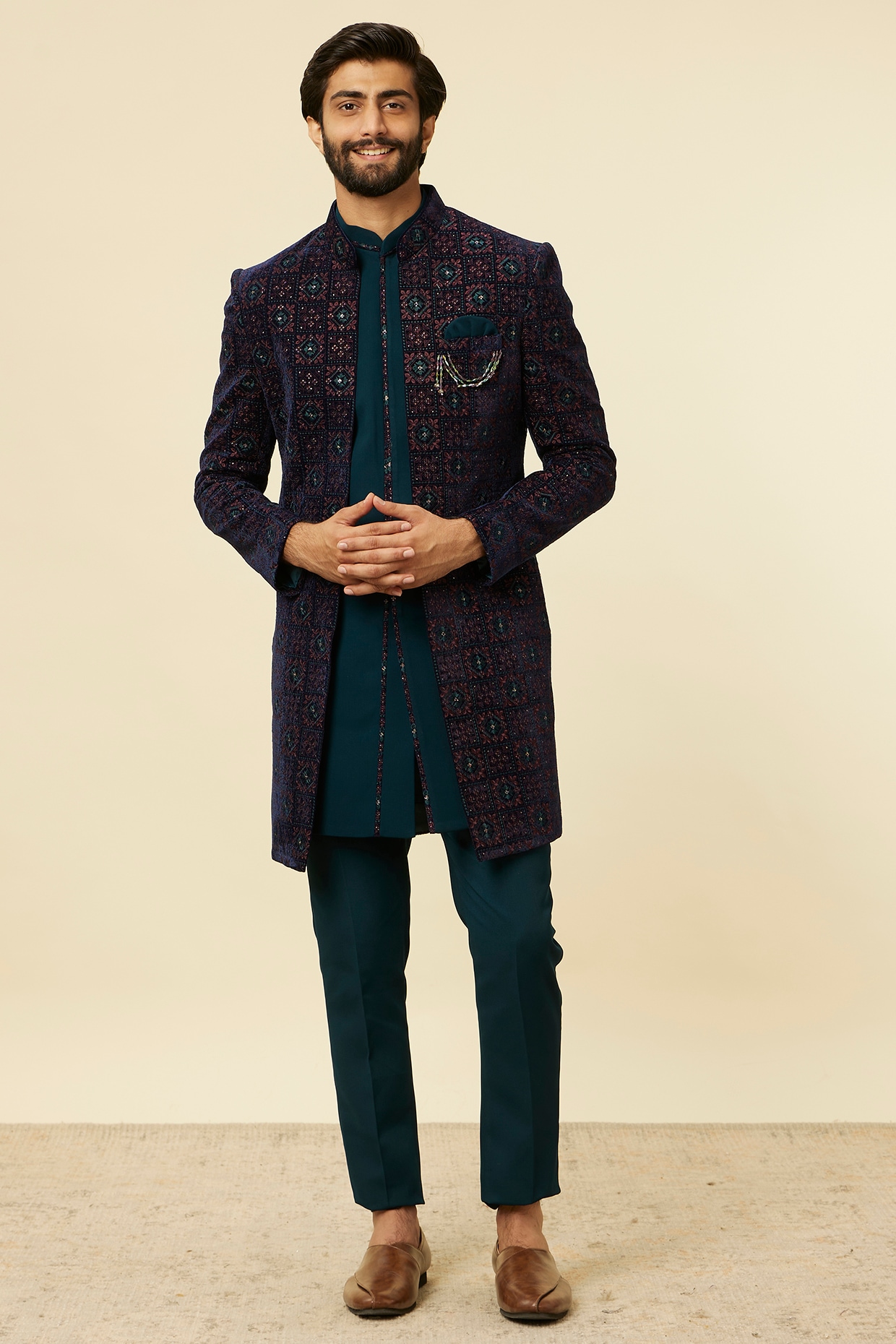 Buy Manyavar Dark Blue Velvet Thread Embroidered Indowestern Set at  Pernia'sPopUpShopMen 2025