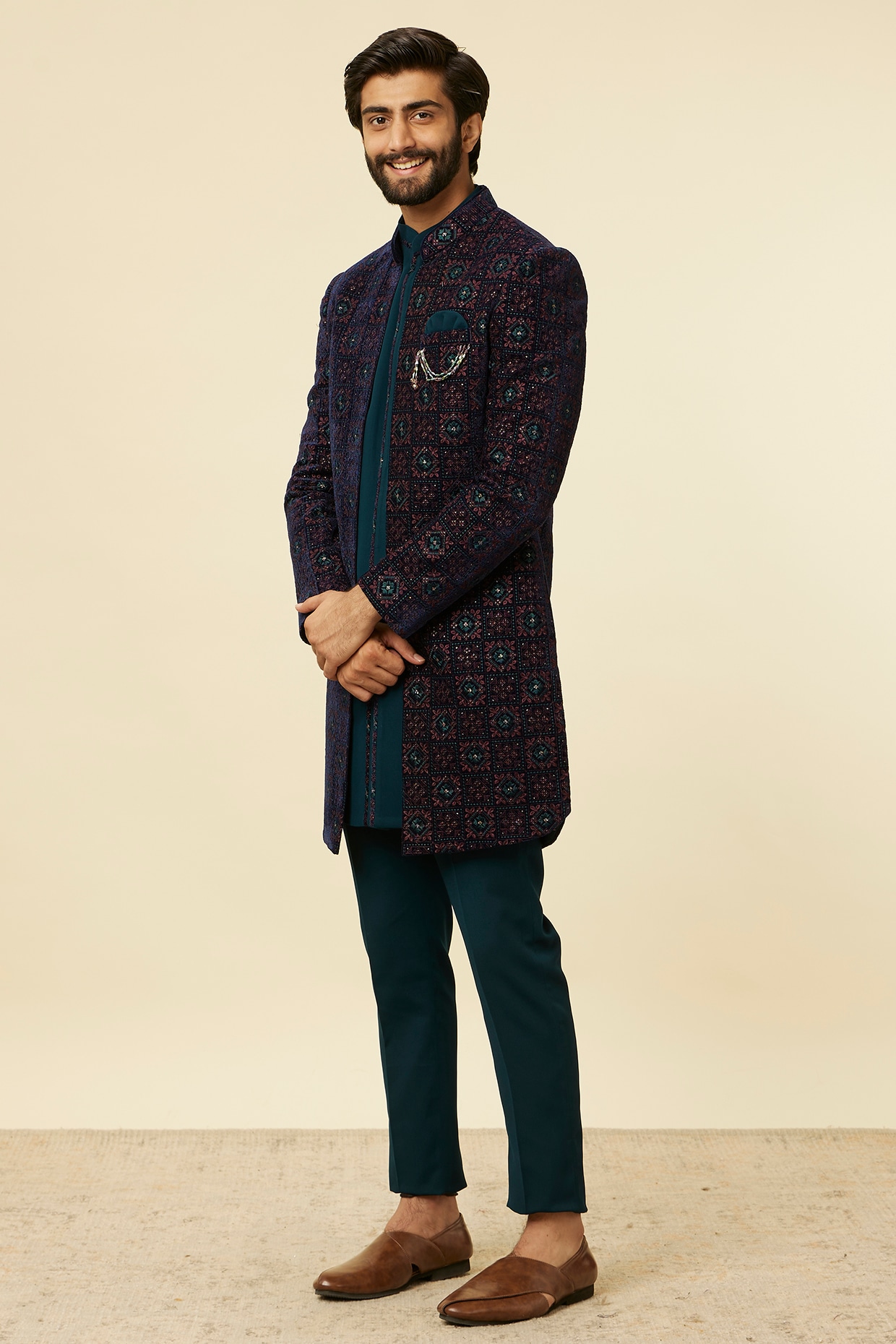 Dark Blue Velvet Thread Embroidered Indowestern Set by Manyavar at Pernia s Pop Up Shop 2024