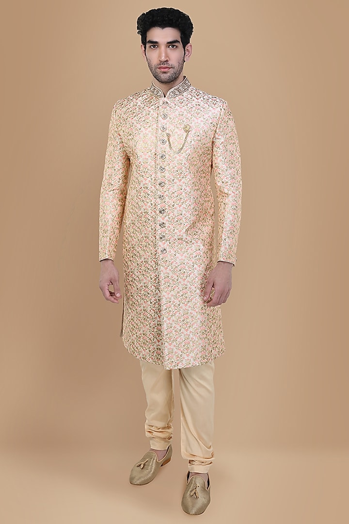 Peach Art Silk Sherwani Set by Manyavar