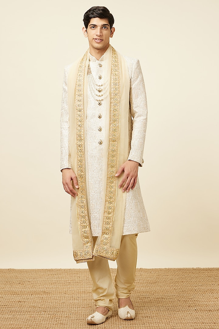 Beige Art Silk Sherwani Set by Manyavar