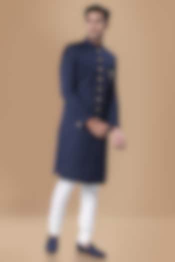 Dark Blue Blended Rayon Sherwani Set by Manyavar