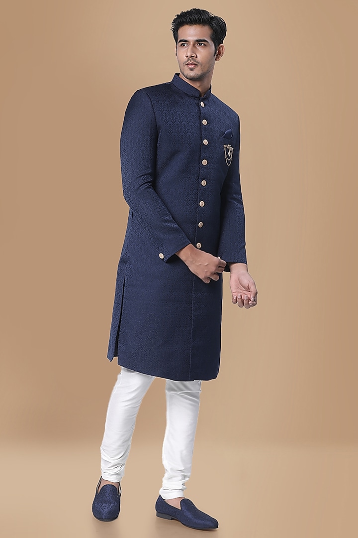 Dark Blue Blended Rayon Sherwani Set by Manyavar