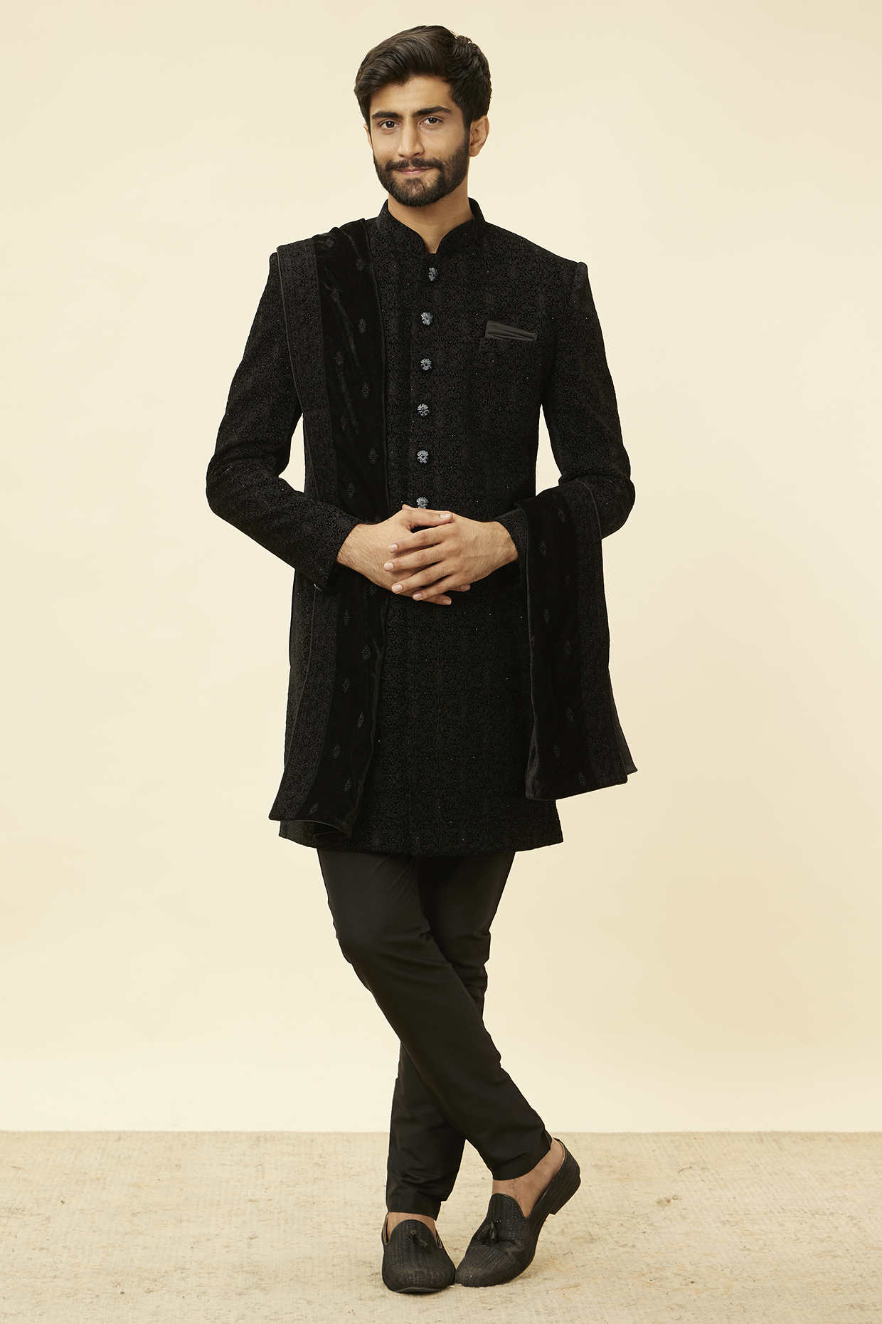Black Velvet Embroidered Indowestern Set by Manyavar at Pernia's Pop Up Shop