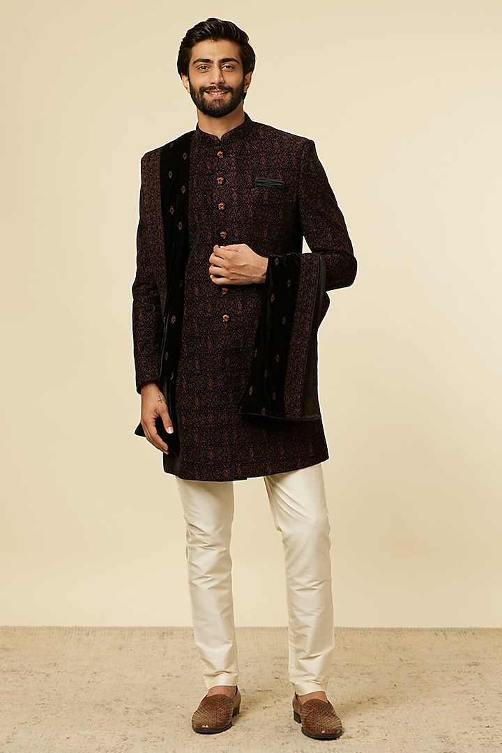 Black Velvet Stone Embroidered Indowestern Set by Manyavar