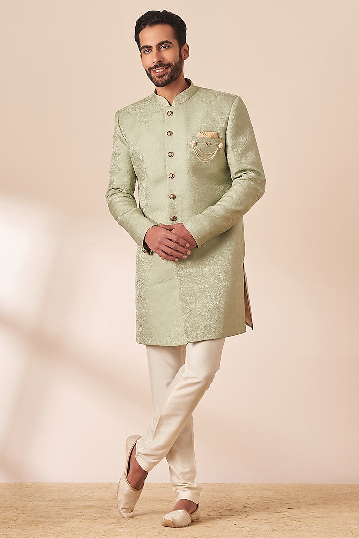 Light Mid Green Brocade Textured Indowestern Set by Manyavar