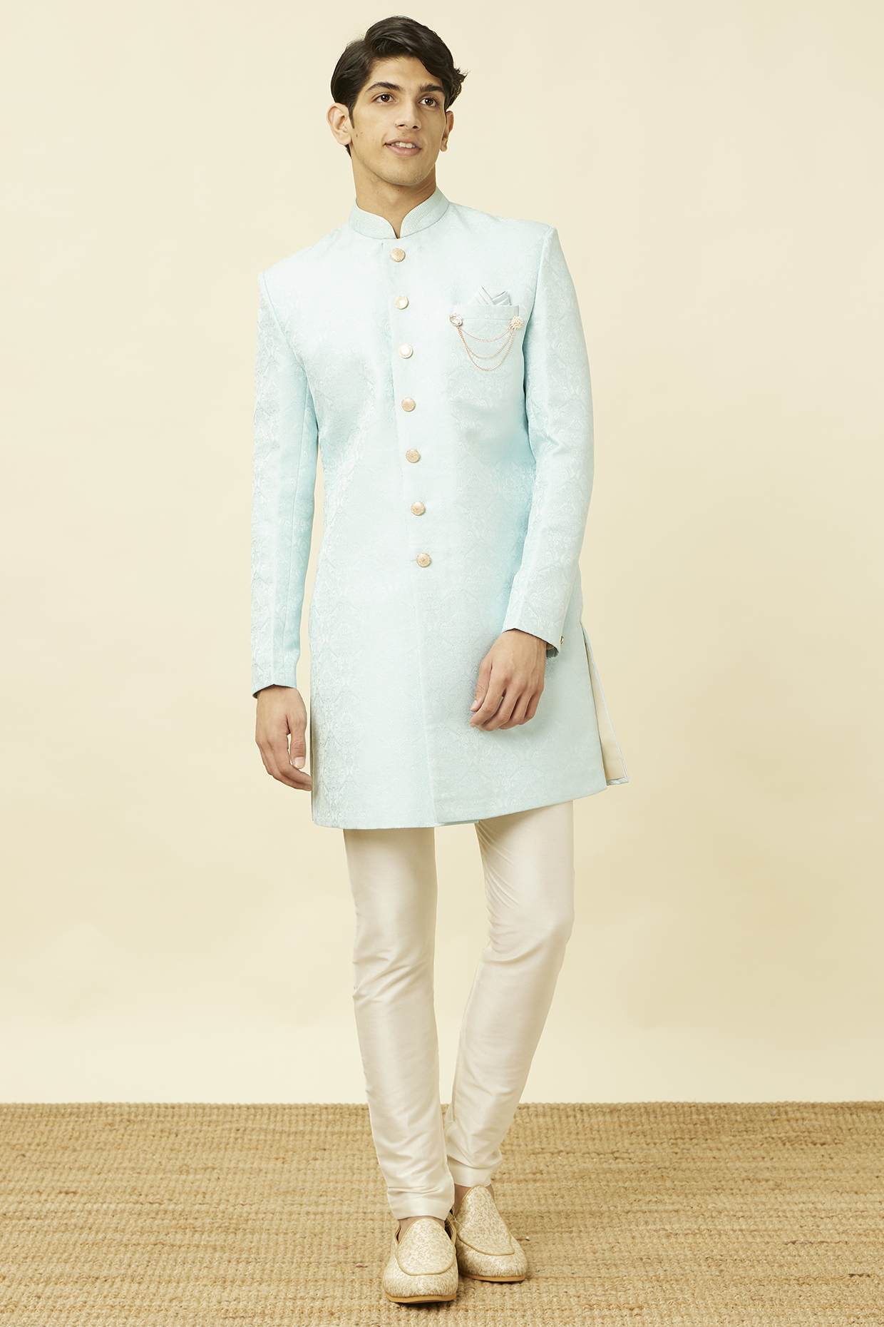 Light Blue Brocade Textured Indowestern Set by Manyavar at Pernia's Pop Up Shop