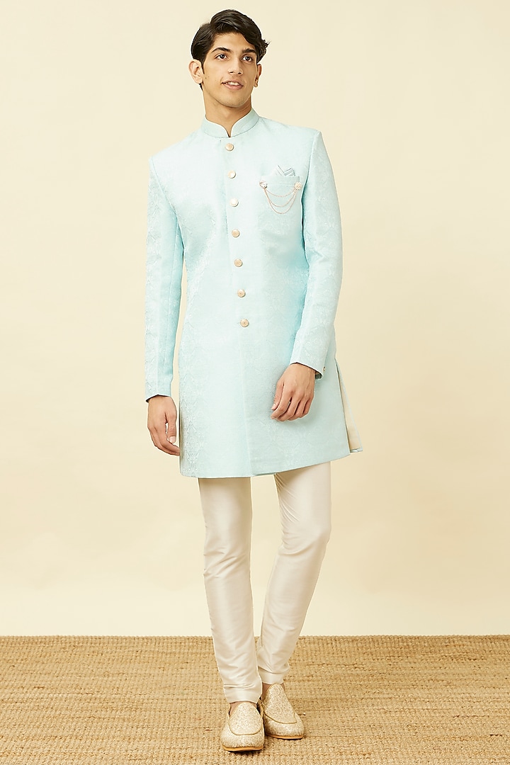 Light Blue Brocade Textured Indowestern Set by Manyavar at Pernia's Pop Up Shop