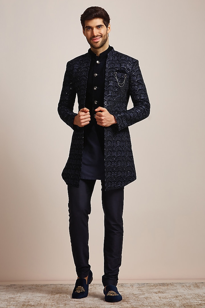 Dark Blue Velvet Indowestern Set by Manyavar at Pernia's Pop Up Shop
