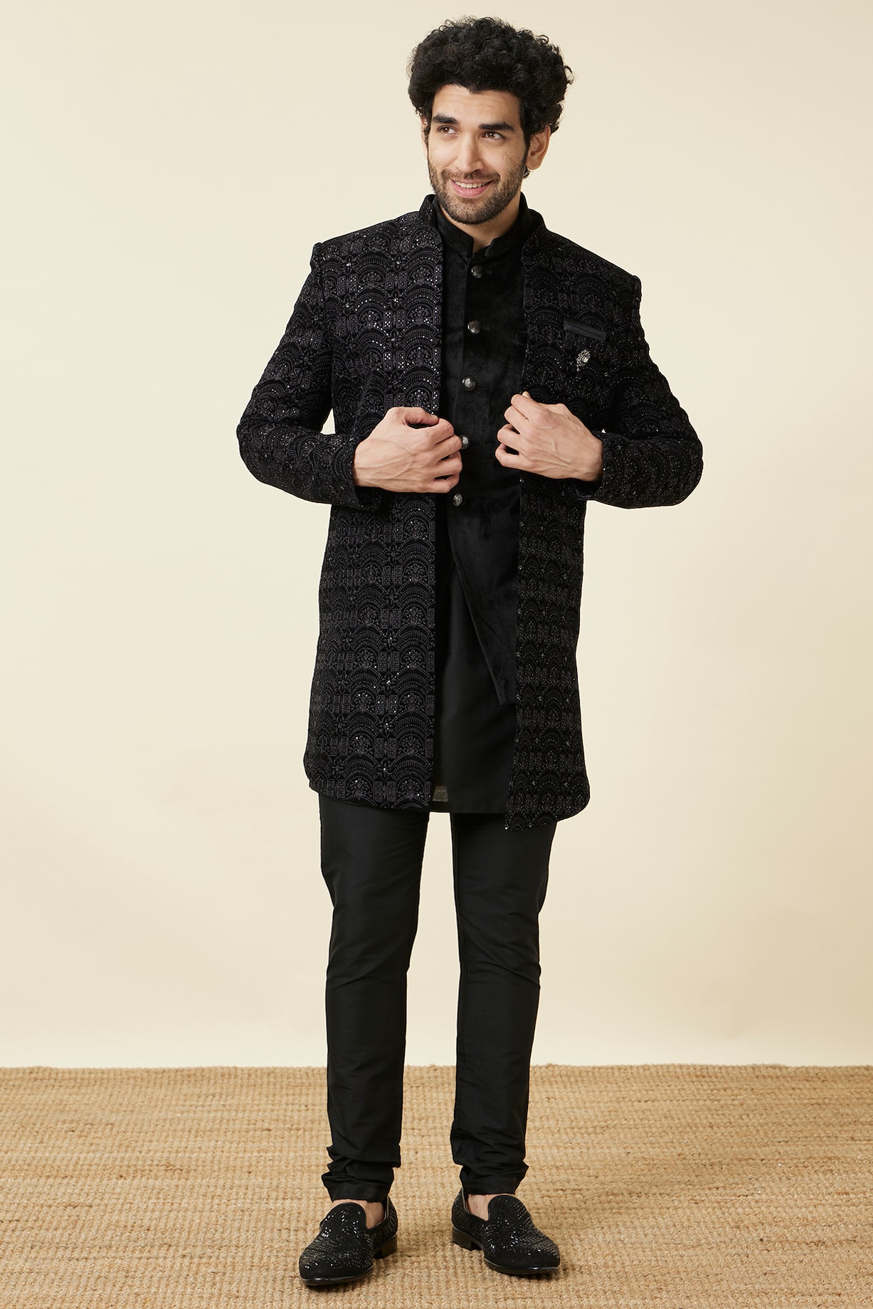 Black Velvet Textured Indowestern Set by Manyavar at Pernia's Pop