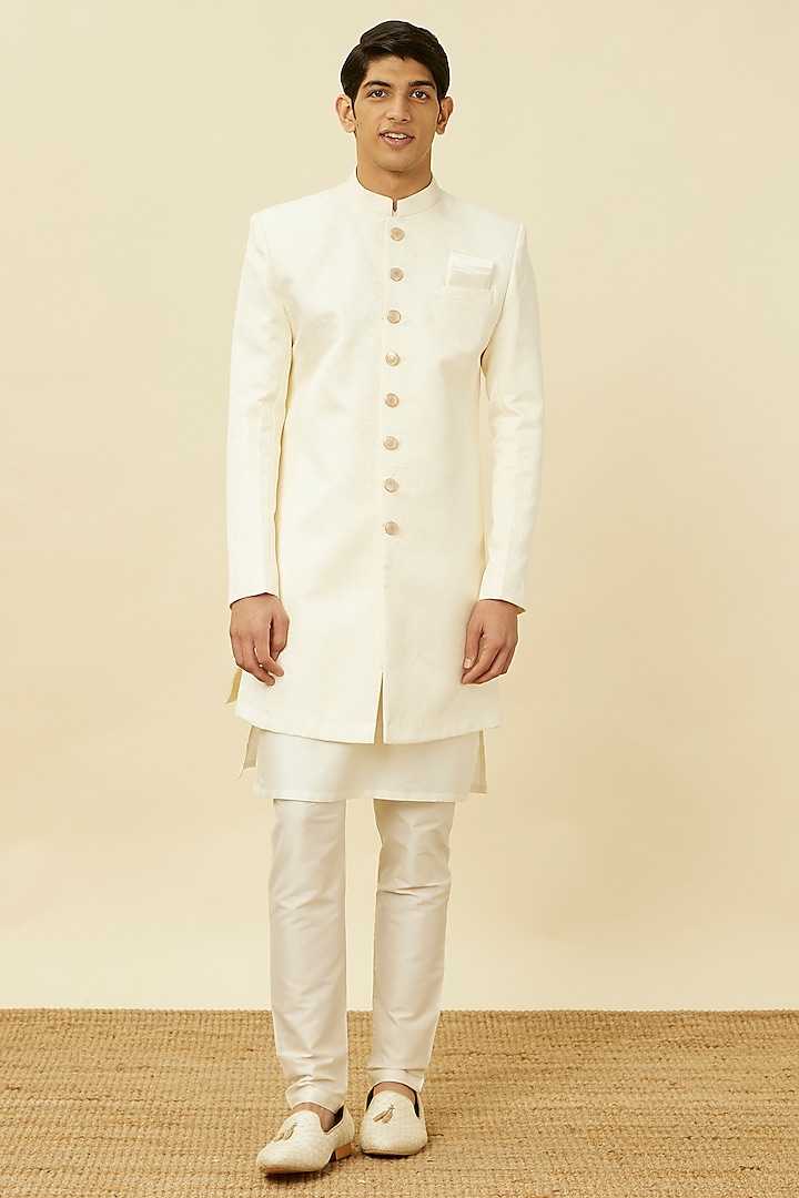 Cream Brocade Textured Indowestern Set by Manyavar