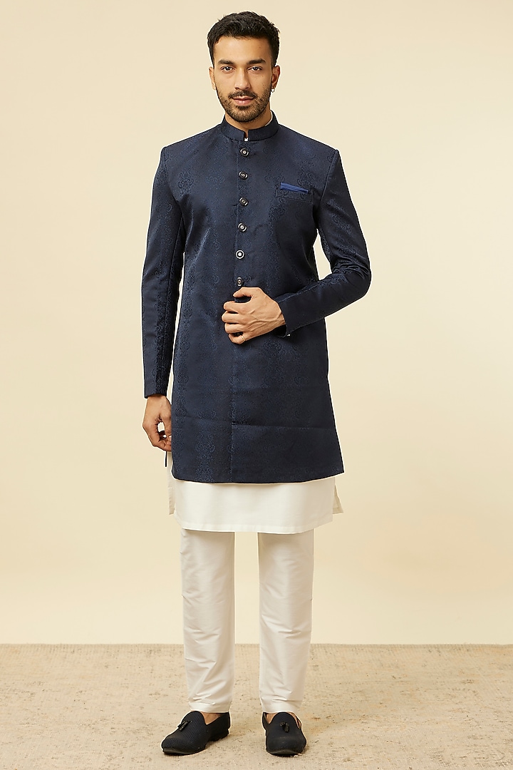 Blue Brocade Jacquard Textured Indowestern Set by Manyavar