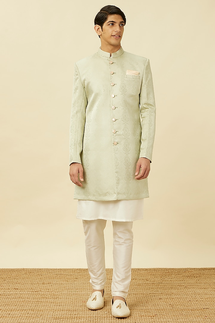 Light Mid Green Brocade Textured Indowestern Set by Manyavar