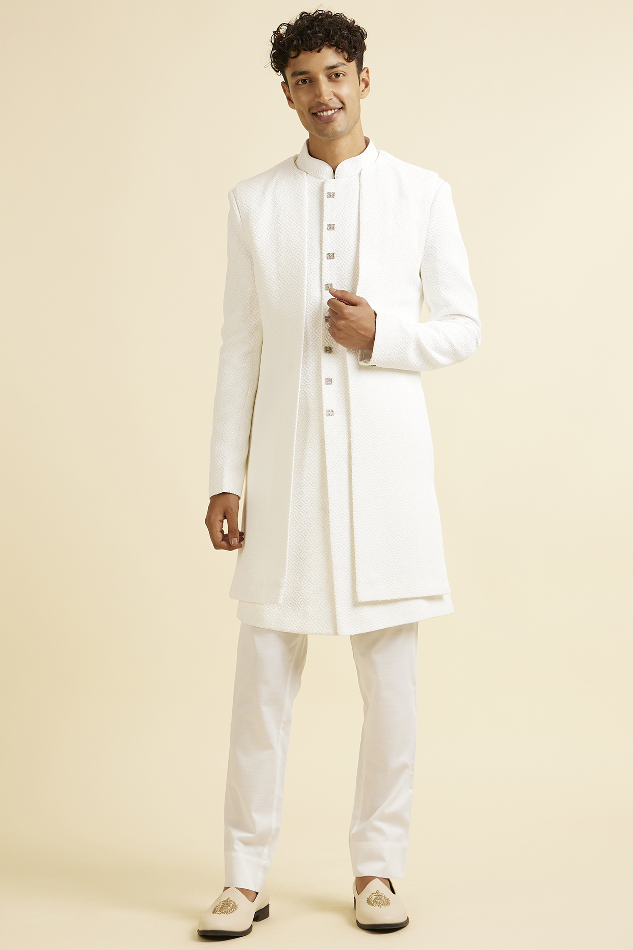 White Viscose Sequins Work Indowestern Jacket Set by Manyavar at Pernia's Pop Up Shop
