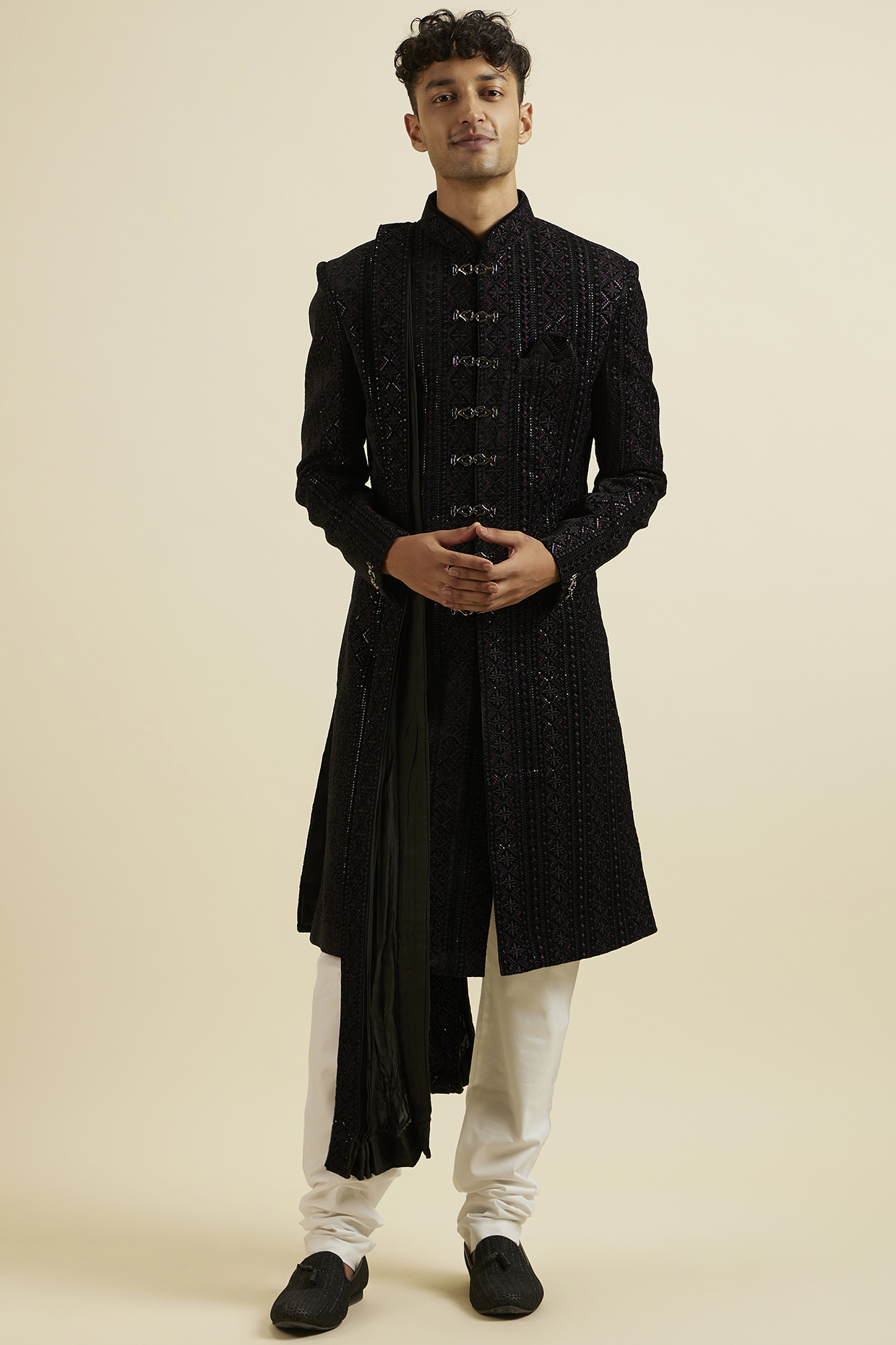 Black Velvet Sequins Embroidered Sherwani Set by Manyavar