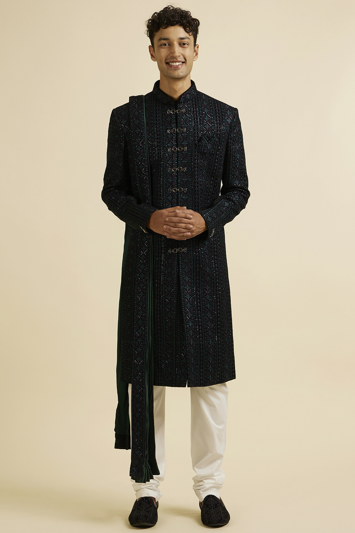 Teal Green Velvet Sequins Embroidered Sherwani Set by Manyavar
