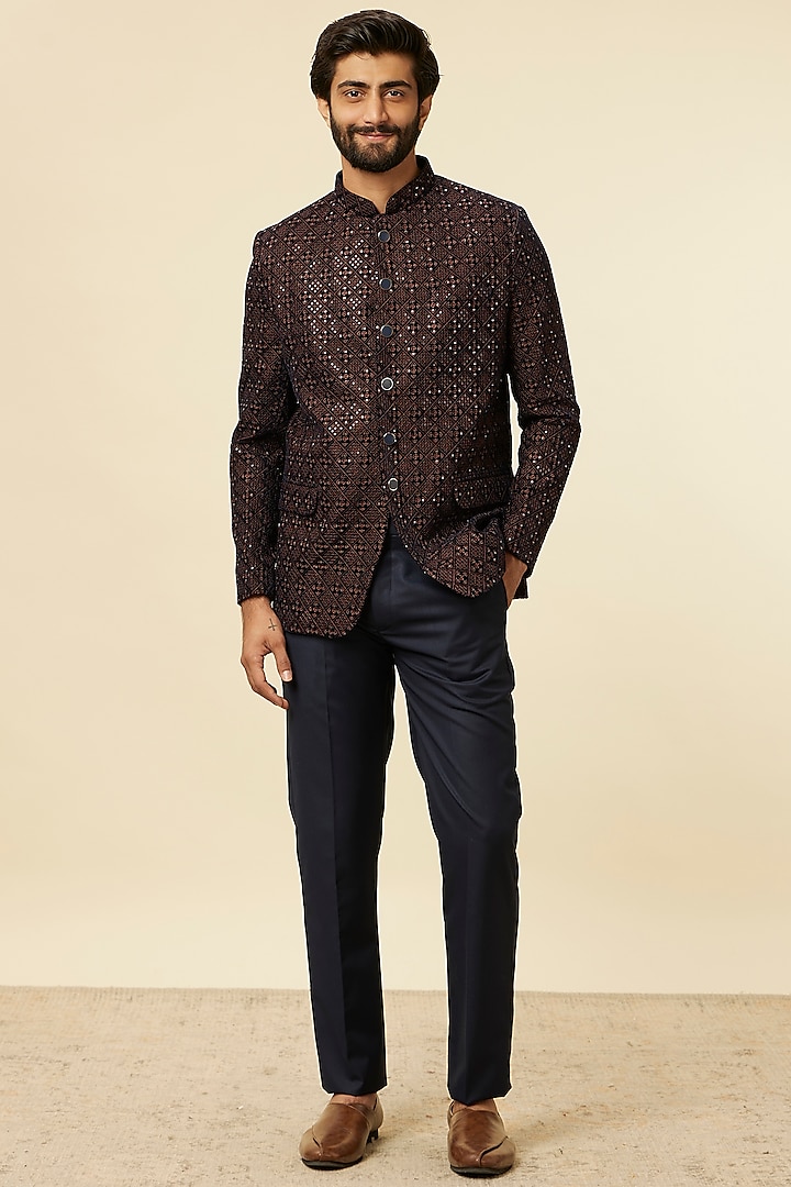 Dark Brown Velvet Sequins Embroidered Jodhpuri Set by Manyavar